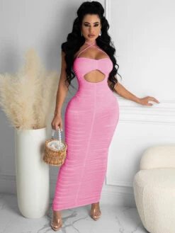 Pure Color Hollow Out Ruched Halter Backless Dress