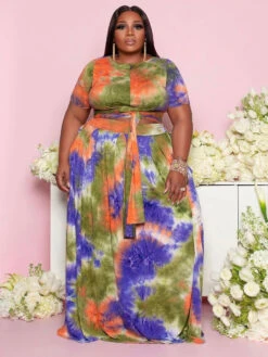 Tie Dye Plus Size Top With Maxi Dress