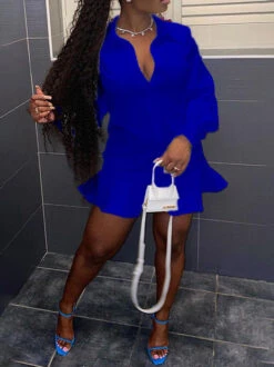 Simple Design White Ruffles Long Sleeve Shirt Dress