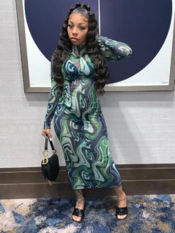 Gauze Tie Dye Long Sleeve Fitted Maxi Dress