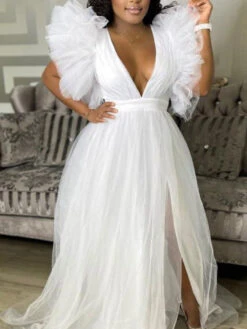 Party Gauze Patchwork Slit Plus Size Maxi Dress