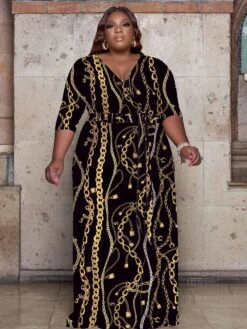 Fashion Printing V Neck Plus Size Maxi Dress