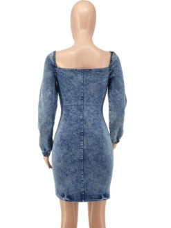 Adorable Solid Hollow Out Long Sleeve Denim Dress -Women's Clothing Shop P 20210913114821863 815