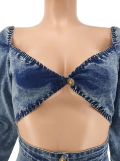 Adorable Solid Hollow Out Long Sleeve Denim Dress -Women's Clothing Shop P 20210913114828486 632