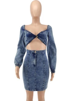Adorable Solid Hollow Out Long Sleeve Denim Dress -Women's Clothing Shop P 20210913114830709 803