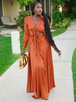 Sexy V Neck Tie Wrap Maxi Dress