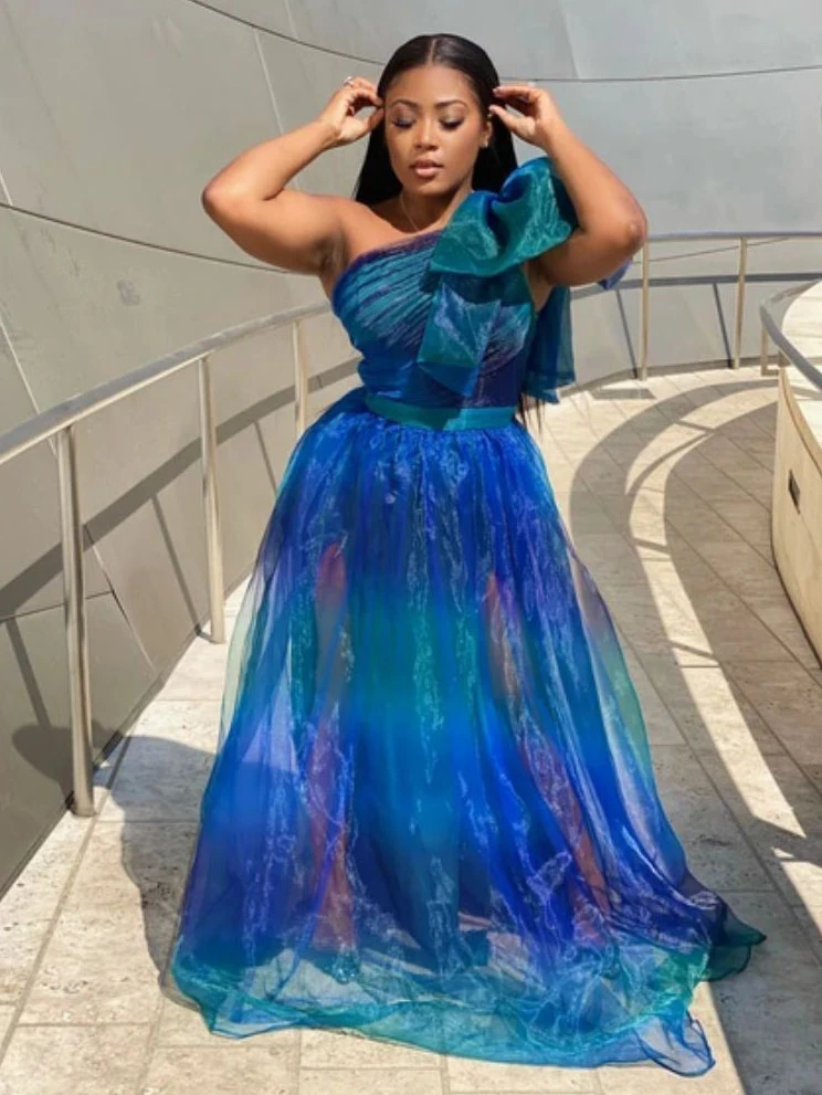 Attractive Patchwork Gauze One Shoulder Maxi Dress 4 Attractive Patchwork Gauze One Shoulder Maxi Dress - Image 2