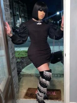 Charming Puff Sleeve Black Long Sleeve Short Dress