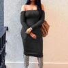 Trendy Solid Off The Shoulder Long Sleeve Midi Dress -Women's Clothing Shop P 20211204140501952 450