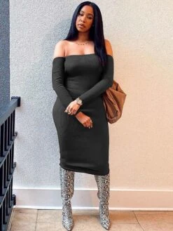 Trendy Solid Off The Shoulder Long Sleeve Midi Dress