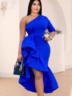 Elegant Party Inclined Shoulder Prom Ruffled Dress