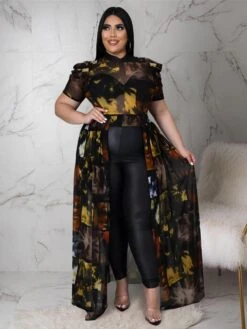 Plus Size Pleated Sleeves Gauze Hollow Dress Top -Women's Clothing Shop P 20220107164457498 254