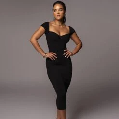 Solid Short Sleeve Off The Shoulder Midi Dress -Women's Clothing Shop P 20220114150240734 851