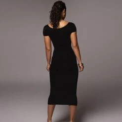 Solid Short Sleeve Off The Shoulder Midi Dress -Women's Clothing Shop P 20220114150245179 741