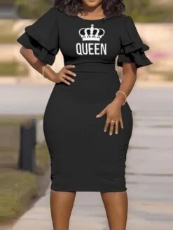 Letter Print Short Sleeve Plus Knee Length Dress