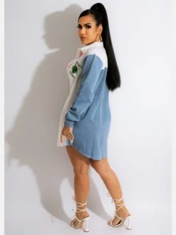 Contrast Color Denim Patchwork Long Sleeve Shirt Dress