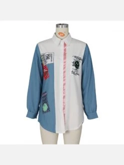 Contrast Color Denim Patchwork Long Sleeve Shirt Dress -Women's Clothing Shop P 20220225175629152 807