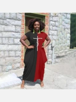 Casual Contrast Color Printed Crew Neck Loose Maxi Dress