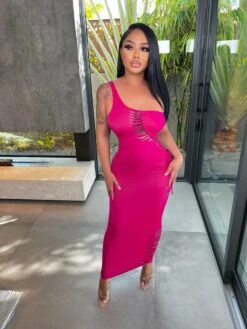 Ladies Solid One Shoulder Ripped Maxi Dress