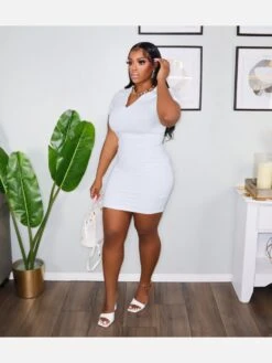 Leisure Time V Neck Pure Color Short Sleeve Dress