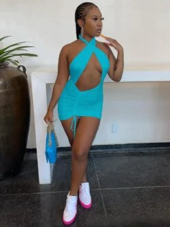 Ruched Hollow Out Summer Halter Short Dress -Women's Clothing Shop P 20220315165342211 656