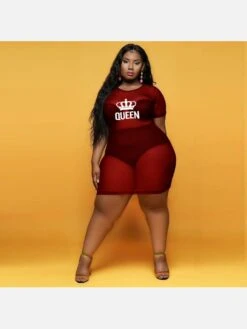 Sexy Perspective Gauze Letter Plus Size Dress