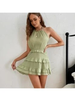 Casual Ruffled Sleeveless Backless Dress