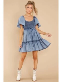Sexy Denim Patchwork Ruched Short Sleeve Dress