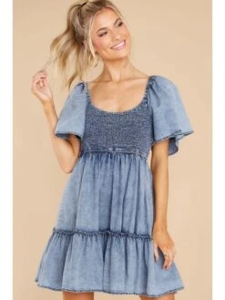 Sexy Denim Patchwork Ruched Short Sleeve Dress -Women's Clothing Shop P 20220415191633777 962
