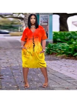 Loose V Neck Gradient Color Short Sleeve Dress