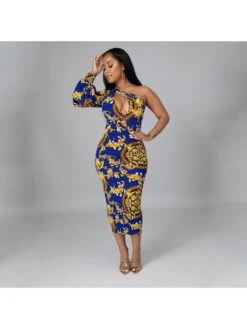 Hollowed Out Printing One Shoulder Sexy Maxi Dress