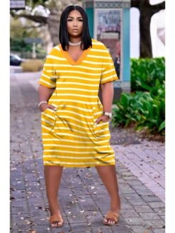 Casual Loose Striped V Neck Short Sleeve Dress