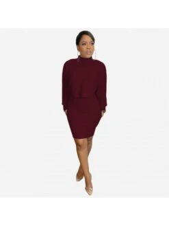 Pure Color High Neck Two Piece Dress Sets -Women's Clothing Shop P 20220426103836446 821