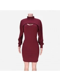 Pure Color High Neck Two Piece Dress Sets -Women's Clothing Shop P 20220426103841108 865