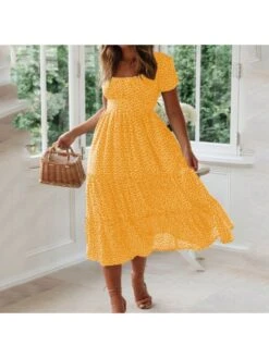 Boho Style Dots Puff Sleeve Ruffled Square Neck Dress