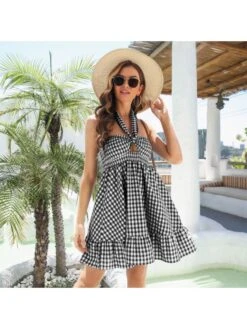Fashion Casual Halter Plaid Sleeveless Dress For Women