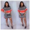 Fashion Contrast Color Striped Puff Sleeve Dress