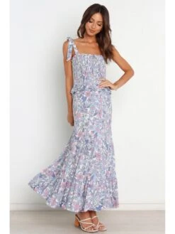 Ladies Blue Square Neck Floral Maxi Dress