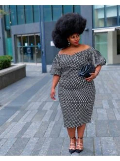 Off Shoulder Dots Puff Sleeve Plus Size Midi Dress -Women's Clothing Shop P 20220513135337007 510