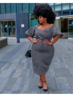 Off Shoulder Dots Puff Sleeve Plus Size Midi Dress -Women's Clothing Shop P 20220513135339221 198