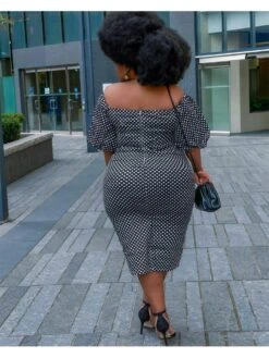 Off Shoulder Dots Puff Sleeve Plus Size Midi Dress -Women's Clothing Shop P 20220513135341419 559