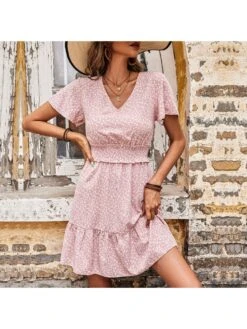 Bohemian Floral Printing Ruffled V-Neck Women's Dress