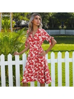 Summer Vacation Printing V Neck Short Sleeve Dress