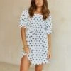 Square Neck Puff Sleeve White Floral Short Dress -Women's Clothing Shop P 20220524222736923 694