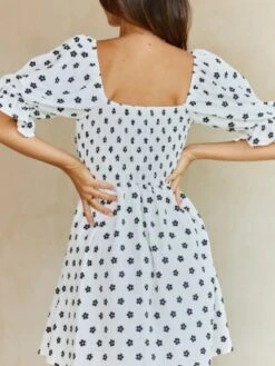 Square Neck Puff Sleeve White Floral Short Dress -Women's Clothing Shop P 20220524222741622 863
