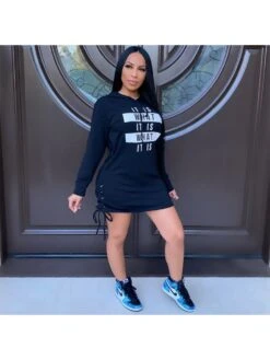 Casual Black Hooded Collar Long Sleeve Short Dress