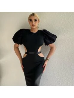 Sexy Pure Color Waist Cut Bubble Sleeve Women's Dress -Women's Clothing Shop P 20220530144944139 314