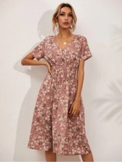 Fashion V-Neck Floral Short Sleeve Dress