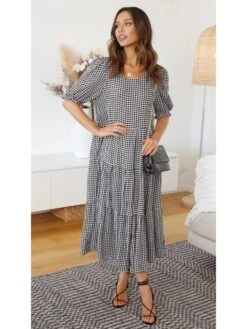 Summer Plaid Short Sleeve Loose Maxi Dress -Women's Clothing Shop P 20220602092543609 758