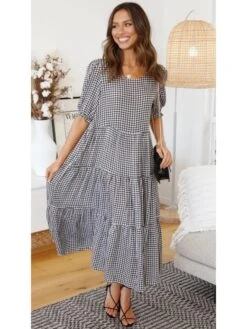 Summer Plaid Short Sleeve Loose Maxi Dress -Women's Clothing Shop P 20220602092546019 419